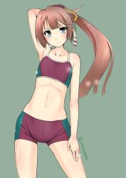 Rule 34 | 10s, 1girl, arm behind back, arm up, armpits, bike shorts, brown hair, collarbone, frown, green background, grey eyes, hair ornament, hair ribbon, hand on leg, hand on own thigh, hassen (8cm), kantai collection, kazagumo (kancolle), long hair, looking at viewer, navel, ponytail, ribbon, simple background, solo, sports bra, standing, tank top, twitter username
