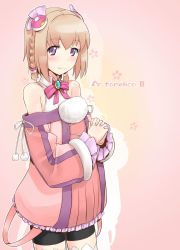 Rule 34 | 1girl, ar tonelico, ar tonelico iii, bike shorts, blonde hair, bow, braid, detached sleeves, dress, female focus, gust, hair ornament, own hands clasped, kamoto tatsuya, own hands together, purple eyes, saki (ar tonelico), short hair, smile, solo, thighhighs