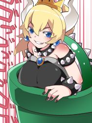 Rule 34 | 1girl, armband, bare shoulders, blue eyes, blush, bowsette, bracelet, brooch, collar, comic, crown, eyebrows, grin, hammer (sunset beach), horns, jewelry, long hair, mario (series), nail polish, new super mario bros. u deluxe, nintendo, shell, smile, solo, spiked bracelet, spiked collar, spikes, super crown, warp pipe