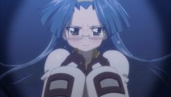 Rule 34 | 1girl, animated, animated gif, aresta blanket, blue hair, blush, bouncing breasts, breasts, brown eyes, cleavage, collarbone, fight ippatsu! juuden-chan!!, glasses, hairband, huge breasts, long hair, nipples, pout, solo