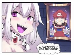Rule 34 | 1boy, 1girl, blue shirt, boo (mario), brooch, collar, comic, detached collar, dress, english text, facial hair, frilled collar, frilled dress, frills, gloves, hat, highres, hinghoi, jewelry, long hair, luigi&#039;s mansion, mario, mario (series), mustache, new super mario bros. u deluxe, nintendo, overalls, picture frame, pointy ears, princess king boo, purple eyes, red hat, red overalls, sharp teeth, shirt, smile, super crown, teeth, white dress, white gloves, white hair