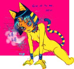Rule 34 | 1girl, all fours, animal crossing, animal ears, ankha (animal crossing), artist name, blonde hair, blue eyes, blue hair, blush, bob cut, body fur, breasts, breath, cat ears, cat girl, cat tail, closed mouth, colored sclera, completely nude, drooling, egyptian, english text, fang, fang out, female focus, full-face blush, furry, furry female, groin, hair ornament, heavy breathing, hoesmadder, in heat, leaning forward, multicolored eyes, multicolored hair, navel, nintendo, nipples, nude, pink background, pink sclera, pussy, pussy juice, raised eyebrows, ringed eyes, saliva, short hair, sidelocks, signature, sketch, small breasts, snake hair ornament, solo, striped tail, sweat, tail, tail raised, talking, tears, thighs, two-tone hair, uncensored, usekh collar, wide-eyed, yellow eyes, yellow fur