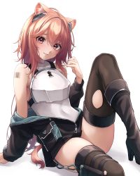 Rule 34 | 1girl, absurdres, ahoge, animal ear fluff, animal ears, arknights, armor, barcode, barcode tattoo, bare shoulders, black footwear, black jacket, blush, boots, breastplate, brown eyes, brown hair, brown thighhighs, gravel (arknights), high heel boots, high heels, highres, jacket, knee boots, knee up, leotard, leotard under clothes, long hair, long sleeves, looking at viewer, nameko houshi, open clothes, open jacket, parted lips, partially unzipped, simple background, sitting, smile, solo, tail, tattoo, thigh strap, thighhighs, torn clothes, torn thighhighs, white background, white leotard, zipper pull tab