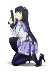 Rule 34 | 1girl, absurdres, akemi homura, black footwear, black hair, black pantyhose, closed mouth, feet, from behind, from side, full body, grey shirt, gun, hairband, high heels, highres, holding, holding gun, holding weapon, long hair, long sleeves, looking at viewer, looking back, looking to the side, mahou shoujo madoka magica, mahou shoujo madoka magica (anime), on one knee, pantyhose, purple eyes, purple sailor collar, ruukii drift, sailor collar, school uniform, serafuku, shirt, soles, solo, two-handed, weapon
