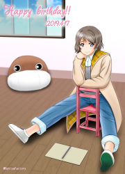 Rule 34 | 1girl, 2019, artist request, binder, blush, chair, earrings, female focus, hand on chin, highres, jacket, jewelry, looking at viewer, love live!, love live! sunshine!!, pants, smile, solo, stuffed animal, stuffed toy, stuffed walrus, sweater, watanabe you, window