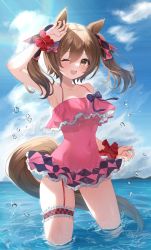 Rule 34 | 1girl, absurdres, animal ears, arm up, armpits, bare shoulders, blush, bow, breasts, bridal garter, brown hair, casual one-piece swimsuit, cloud, collarbone, commentary request, covered navel, day, etesumsom, frilled swimsuit, frills, hair bow, highres, horizon, horse ears, horse girl, horse tail, looking at viewer, medium breasts, medium hair, mountain, ocean, one-piece swimsuit, one eye closed, open mouth, outdoors, pink one-piece swimsuit, shading eyes, smart falcon (umamusume), smile, solo, sunlight, swimsuit, tail, teeth, twintails, umamusume, upper teeth only, wading, water, water drop, wrist cuffs