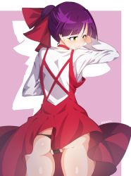 Rule 34 | 1girl, arm up, ass, black panties, blush, bow, closed mouth, cowboy shot, dress, from behind, gegege no kitarou, hair bow, hair bun, long sleeves, looking down, looking to the side, nekomusume, nekomusume (gegege no kitarou 6), panties, pantyshot, partially visible vulva, pinafore dress, purple hair, red bow, red dress, shirt, single hair bun, sleeveless dress, smile, solo, standing, tilt-shift (azalanz), twitter username, two-tone background, underwear, upskirt, white shirt, yellow eyes