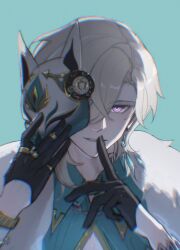 1923rash 1boy aventurine_(honkai:_star_rail) black_gloves blonde_hair blue_eyes blue_shirt clothing_cutout collared_shirt earrings finger_to_mouth fox_mask fur-trimmed_jacket fur_trim gloves hair_between_eyes half_gloves highres holding holding_mask honkai:_star_rail honkai_(series) jacket jewelry male_focus mask neck_tattoo purple_eyes shirt short_hair solo tattoo upper_body