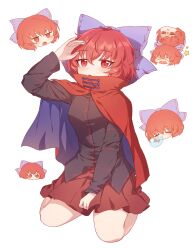 Rule 34 | 1girl, black shirt, blue bow, blush, bow, cape, closed eyes, disembodied head, emoji, hair between eyes, hair bow, highres, kaoling, long sleeves, nose bubble, open mouth, pleading face emoji, pleated skirt, red cape, red eyes, red hair, red skirt, sekibanki, shirt, short hair, simple background, skirt, solo, star (symbol), touhou, white background
