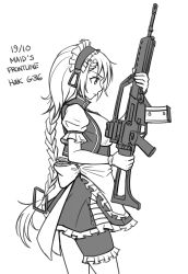 Rule 34 | 1girl, apron, assault rifle, braid, breasts, bridal garter, character name, closed mouth, dated, frilled apron, frilled hairband, frilled skirt, frills, g36 (girls&#039; frontline), girls&#039; frontline, gloves, greyscale, gun, h&amp;k g36, hair ornament, hairband, hand up, highres, holding, holding gun, holding weapon, long hair, looking away, medium breasts, monochrome, name connection, ndtwofives, object namesake, open clothes, open vest, profile, puffy short sleeves, puffy sleeves, rifle, shirt, short sleeves, simple background, skirt, solo, very long hair, vest, waist apron, weapon, white background