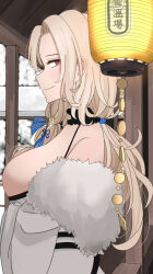 Rule 34 | 1girl, absurdres, bare shoulders, blonde hair, blue ribbon, breasts, cleavage, closed mouth, coat, collarbone, from side, fur-trimmed coat, fur-trimmed kimono, fur trim, goddess of victory: nikke, hair ribbon, highres, isayshow, japanese clothes, kimono, lantern, large breasts, light blush, long hair, looking at viewer, ludmilla (nikke), ludmilla (winter owner) (nikke), official alternate costume, orange eyes, paper lantern, parted bangs, ribbon, smile, solo, upper body, white kimono