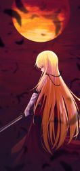 Rule 34 | 1girl, bad id, bad pixiv id, black feathers, black ribbon, blonde hair, blurry, blurry foreground, closed mouth, dress, elbow gloves, feathers, full moon, gloves, highres, holding, holding sword, holding weapon, hooxoo, kiss-shot acerola-orion heart-under-blade, kizumonogatari, lolita fashion, long dress, long hair, monogatari (series), moon, orange eyes, oshino shinobu, pointy ears, profile, red dress, red sky, ribbon, sky, sleeveless, sleeveless dress, solo, standing, sword, very long hair, weapon, white gloves