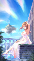 Rule 34 | 1girl, alternate costume, aqueduct, arm up, armpits, barefoot, blue eyes, blue sky, blurry, blurry foreground, blush, book, breasts, brick, brick wall, brown hair, bush, cleavage, commentary request, dress, floating island, full body, genetic (ragnarok online), goggles, goggles on head, highres, holding, holding book, large breasts, long hair, looking at viewer, open mouth, ragnarok masters, ragnarok online, reihou19, sky, smile, solo, water, waterfall, white dress