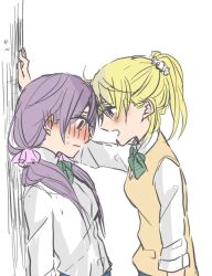 Rule 34 | 2girls, averting eyes, ayase eli, blonde hair, blush, bow, bowtie, breasts, brown sweater vest, closed mouth, collared shirt, commentary, dress shirt, embarrassed, green bow, green bowtie, hair ornament, hair scrunchie, kabedon, kashikaze, long hair, love live!, love live! school idol project, low twintails, medium breasts, multiple girls, one-hour drawing challenge, open mouth, otonokizaka school uniform, ponytail, purple hair, school uniform, scrunchie, shirt, simple background, sweatdrop, sweater vest, tojo nozomi, twintails, upper body, white background, white scrunchie, white shirt, yuri