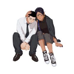 Rule 34 | 1boy, 1girl, black eyes, black footwear, black hair, black nails, black necktie, black pants, bright pupils, brown shirt, chengongzi123, closed mouth, collared shirt, dark-skinned female, dark skin, earrings, facial hair, full body, genderswap, genderswap (mtf), goatee stubble, golden kamuy, grey pants, hand on another&#039;s head, highres, invisible chair, jewelry, koito otonoshin, leaning on person, looking at viewer, necktie, pants, shirt, shoes, short hair, simple background, sitting, sneakers, stubble, tsukishima hajime, very short hair, white background, white shirt