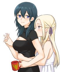 Rule 34 | 2girls, bare shoulders, blue eyes, blue hair, blush, breasts, byleth (female) (fire emblem), byleth (fire emblem), cleavage, closed mouth, commentary request, cup, dress, edelgard von hresvelg, eyes visible through hair, fire emblem, fire emblem: three houses, from side, fukuroumori, hair between eyes, hair ornament, hair ribbon, height difference, highres, holding, holding cup, holding hands, hug, hug from behind, long hair, looking at viewer, looking away, looking to the side, midriff, multiple girls, nintendo, parted bangs, platinum blonde hair, purple ribbon, ribbon, short sleeves, sidelocks, simple background, sleeveless, sleeveless dress, turtleneck, upper body, white background, white dress, yuri