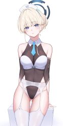 Rule 34 | 1girl, black leotard, blonde hair, blue archive, blue eyes, blue hair, blue necktie, blush, braid, breasts, closed mouth, cowboy shot, gluteal fold, groin, halo, highres, leotard, looking at viewer, medium breasts, mizoshi-x, multicolored hair, necktie, short hair, simple background, solo, streaked hair, toki (blue archive), twitter username, white background