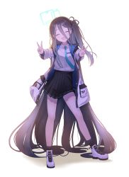Rule 34 | 1girl, absurdly long hair, absurdres, akira (aristole), aris (blue archive), black hairband, blue archive, blue hair, blush, closed eyes, dark blue hair, double v, full body, hair between eyes, hairband, halo, happy, highres, jacket, long hair, necktie, school uniform, shoes, simple background, solo, v, very long hair, white background
