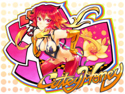 Rule 34 | 1girl, blonde hair, breasts, cleavage, copyright name, cutie honey, cutie honey (character), elbow gloves, flower, gloves, heart, heart-shaped pupils, henshin, kisaragi honey, large breasts, leaning forward, magical girl, midriff, multicolored hair, red eyes, red hair, shigehiro (hiroi heya), short hair, smile, solo, sword, symbol-shaped pupils, text focus, toei animation, transformation, weapon