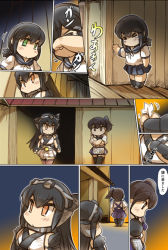 Rule 34 | 10s, 3girls, against wall, arm at side, arm guards, black hair, black legwear, blue hair, blush, brown eyes, brown hair, building, chibi, clenched hand, collar, comic, crossed arms, crying, elbow gloves, closed eyes, from behind, fubuki (kancolle), full body, gloves, green eyes, headgear, hisahiko, japanese clothes, kaga (kancolle), kantai collection, kimono, leaning on object, long hair, low ponytail, motion lines, multiple girls, muneate, nagato (kancolle), neckerchief, orange eyes, pleated skirt, profile, red legwear, school uniform, serafuku, shikigami, short hair, side ponytail, skirt, speech bubble, talking, tears, thighhighs, torn clothes, translation request, tsurime, walking, walking away, wiping face, wiping tears, wooden floor, wooden wall, zettai ryouiki