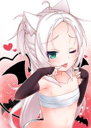Rule 34 | 1girl, ;p, ahoge, animal, animal ear fluff, animal ears, ass, azur lane, bandages, bat (animal), black wings, blush, brown gloves, cat ears, chest sarashi, commentary request, demon tail, demon wings, elbow gloves, fang, fingerless gloves, fingernails, flat chest, forehead, gloves, green eyes, halloween, hands up, heart, highres, kirisame mia, long hair, looking at viewer, naked bandage, navel, one eye closed, parted bangs, red background, sarashi, silver hair, sims (azur lane), solo, tail, tail raised, tongue, tongue out, two side up, very long hair, white background, wings
