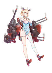 Rule 34 | 12cat, 1girl, blonde hair, blue eyes, breasts, china dress, chinese clothes, cleavage, colorado (zhan jian shao nyu), detached sleeves, dirt, dress, female focus, groin, hand on own chest, highres, large breasts, mecha musume, no panties, original, personification, simple background, single thighhigh, smoke, solo, thigh strap, thighhighs, torn clothes, uss colorado (bb-45), uss colorado (zhan jian shao nyu), warship girls r