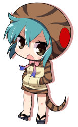 Rule 34 | 10s, 1girl, aqua hair, bow, chibi, geta, hands in pockets, hood, hoodie, kemono friends, looking at viewer, open mouth, osaragi mitama, ribbon, short hair, simple background, snake tail, solo, striped clothes, striped hoodie, tail, tsuchinoko (kemono friends), white background