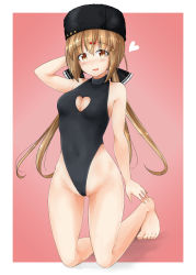 Rule 34 | 1girl, alternate costume, arm behind head, barefoot, black bow, black hat, black leotard, black one-piece swimsuit, bow, breasts, brown eyes, brown hair, casual one-piece swimsuit, cleavage, cleavage cutout, clothing cutout, frontal wedgie, full body, fur hat, habara meguru, hair bow, hat, heart cutout, highleg, highleg leotard, highleg swimsuit, highres, kantai collection, kneeling, leotard, long hair, low twintails, medium breasts, one-piece swimsuit, papakha, partially visible vulva, pink background, solo, star (symbol), swimsuit, tashkent (kancolle), turtleneck, twintails, wedgie