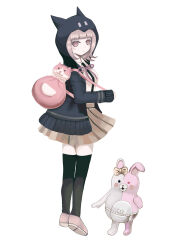 1girl absurdres animal_bag bow breasts brown_hair cat_bag collared_shirt danganronpa_(series) danganronpa_2:_goodbye_despair diaper ear_bow flipped_hair full_body guri_(user_ncgs4285) hair_ornament highres hood jacket long_sleeves looking_at_viewer medium_hair monomi_(danganronpa) nanami_chiaki neck_ribbon no_hair_ornament open_clothes open_jacket pink_bag pink_eyes pink_ribbon pleated_skirt ribbon shirt shirt_tucked_in shoes skirt solo thighhighs white_shirt zettai_ryouiki