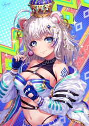 Rule 34 | 1girl, ahoge, animal ears, bare shoulders, black nails, black panties, blue eyes, blue gloves, blue nails, blush, breasts, candy, choker, cleavage, closed mouth, collarbone, commentary request, crop top, crown, earrings, facial mark, fingerless gloves, food, glint, gloves, grey hair, hair ornament, highleg, highleg panties, highres, holding, holding food, hoop earrings, jacket, jewelry, large breasts, lollipop, long hair, looking at viewer, midriff, nail art, nail polish, navel, o-ring, off shoulder, open clothes, open fly, open jacket, original, panties, sakiyamama, shorts, sidelocks, signature, smile, solo, sparkle, stomach, studded gloves, tattoo, underwear, white shorts