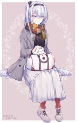 Rule 34 | 1girl, animal, bag, black headband, black sweater, border, brown scarf, cat, coat, dated, fringe trim, full body, fuyutsuki (kancolle), grey coat, grey eyes, grey hair, hair between eyes, headband, highres, kabocha torute, kantai collection, long hair, long sleeves, multicolored clothes, multicolored scarf, one side up, open clothes, open coat, pantyhose, red pantyhose, ribbed sweater, scarf, shoes, skirt, solo, sweater, twitter username, white border, white footwear, white skirt, yellow scarf