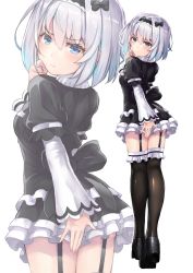 Rule 34 | 10s, 1girl, black bow, black dress, black footwear, black hairband, black thighhighs, blue eyes, blush, bow, closed mouth, commentary request, covering ass, covering privates, dress, frilled thighhighs, frills, garter straps, gothic lolita, hair between eyes, hair bow, hairband, high heels, highres, layered sleeves, lolita fashion, long sleeves, looking at viewer, looking back, puffy short sleeves, puffy sleeves, rin2008, ryuuou no oshigoto!, short hair, short over long sleeves, short sleeves, silver hair, simple background, solo, sora ginko, standing, thighhighs, white background, wide sleeves, zoom layer
