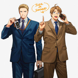 Rule 34 | 2boys, :d, ahoge, america (hetalia), axis powers hetalia, blonde hair, blue eyes, blue necktie, blue suit, brown suit, collared shirt, english text, formal, germany (hetalia), glasses, hair slicked back, id card, index finger raised, male focus, meeting, multiple boys, name tag, necktie, open mouth, shirt, smile, suit, talking on phone, to@st