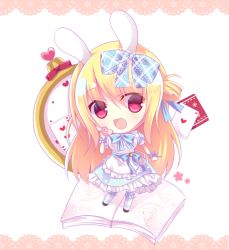 Rule 34 | 1girl, :d, ace (playing card), ace of hearts, animal ears, backless dress, backless outfit, black footwear, blonde hair, blue bow, blue dress, blush, bow, card, commentary request, cookie, dress, eat me, food, frilled dress, frilled thighhighs, frills, hair between eyes, hair bow, head tilt, heart, holding, holding food, looking at viewer, mizuse sakua, open mouth, original, plaid, plaid bow, playing card, pocket watch, puffy sleeves, rabbit ears, red eyes, smile, solo, striped clothes, striped thighhighs, thighhighs, watch