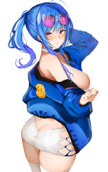 Rule 34 | 1girl, absurdres, ahoge, ass, azur lane, backless dress, backless outfit, bare shoulders, blue hair, blue jacket, blush, breasts, butt crack, cleavage, cowboy shot, dress, eyewear on head, from behind, hair between eyes, hand on own head, hand up, highres, jacket, large breasts, long hair, looking at viewer, looking back, off shoulder, open clothes, open jacket, parted lips, pnatsu, purple eyes, short dress, sidelocks, simple background, skindentation, solo, st. louis (azur lane), sunglasses, thighhighs, tinted eyewear, white background, white dress, white thighhighs