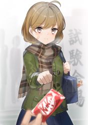 Rule 34 | 1girl, 1other, bag, bandaid, bandaid on face, blue skirt, blurry, brown eyes, brown hair, brown scarf, coat, commentary request, cowboy shot, depth of field, green jacket, jacket, kantai collection, kitkat, looking at viewer, oboro (kancolle), official alternate costume, one-hour drawing challenge, plaid, plaid scarf, pleated skirt, scarf, school bag, short hair, skirt, translation request, winter clothes, winter coat, yamashichi (mtseven)