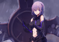 Rule 34 | 1girl, bare shoulders, elbow gloves, fate/grand order, fate (series), gloves, hfp~kubiao, highres, light purple hair, looking to the side, mash kyrielight, navel, purple eyes, rain, short hair, solo