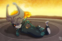 Rule 34 | 1girl, anus, artist name, barefoot, breasts, colored sclera, colored skin, fang, female focus, from behind, full body, helmet, hot neon, looking at viewer, looking back, lying, midna, monster girl, multicolored skin, nintendo, nipples, nude, on stomach, orange hair, orange sky, outdoors, pointy ears, presenting, pussy, red eyes, shiny skin, sky, small breasts, smile, solo, teeth, the legend of zelda, the legend of zelda: twilight princess, two-tone skin, uncensored, watermark, yellow sclera