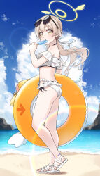 Rule 34 | 1girl, absurdres, ass, beach, bikini, blue archive, blue sky, blush, cloud, day, eyewear on head, food, food in mouth, frilled bikini, frills, halo, hifumi (blue archive), hifumi (swimsuit) (blue archive), highres, holding, holding food, holding popsicle, innertube, k-ya., light brown hair, long hair, looking at viewer, low twintails, official alternate costume, outdoors, popsicle, popsicle in mouth, ribbon-trimmed bikini, ribbon-trimmed swimsuit, ribbon trim, round eyewear, sandals, side-tie bikini bottom, sky, solo, sunglasses, swim ring, swimsuit, twintails, white bikini, white footwear, wing hair ornament, winged halo, yellow eyes, yellow halo