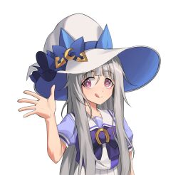 Rule 34 | 1girl, 6 9, blue bow, blue hat, blunt bangs, bow, bowtie, bright pupils, commentary, fukuro (maruaru00), genderswap, genderswap (mtf), grey hair, hat, hat bow, highres, hishi miracle (racehorse), horseshoe ornament, long hair, looking at viewer, messy hair, moon (ornament), original, personification, puffy short sleeves, puffy sleeves, purple bow, purple bowtie, purple eyes, purple shirt, sailor collar, sailor shirt, school uniform, shirt, short sleeves, sidelocks, simple background, solo, summer uniform, tongue, tongue out, tracen school uniform, two-sided fabric, two-tone headwear, umamusume, upper body, very long hair, white background, white hat, white sailor collar, witch hat