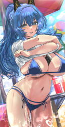 Rule 34 | 1girl, absurdres, arms up, between breasts, bikini, blue bikini, blue eyes, blue hair, blue sky, bottle, breasts, card, card between breasts, clothes lift, cowboy shot, crossed arms, day, goddess of victory: nikke, hair between eyes, helm (aqua marine) (nikke), helm (nikke), high ponytail, highres, large breasts, lifted by self, long hair, navel, nuo (fttv3255), outdoors, shirt lift, sky, solo, stomach, swimsuit, very long hair