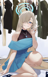 Rule 34 | 1girl, absurdres, alternate costume, asuna (blue archive), bare shoulders, bburi, blue archive, blue dress, blue eyes, blue nails, breasts, clothes hanger, commentary request, dress, hair between eyes, hair over one eye, halo, highres, jacket, jewelry, korean commentary, large breasts, long hair, looking at viewer, nail polish, necklace, one eye covered, smile, solo, v, very long hair