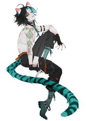 Rule 34 | 1boy, absurdres, akanbe, alternate costume, animal ears, aoma (xuanzexuexi), arm tattoo, bishounen, black hair, choker, eyelid pull, eyeshadow, facial mark, full body, genshin impact, green hair, highres, kyahan, makeup, male focus, multicolored hair, simple background, solo, tail, tattoo, tiger boy, tiger ears, tiger tail, tongue, tongue out, twisted torso, white background, xiao (genshin impact), yellow eyes