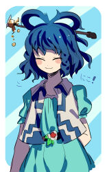 Rule 34 | 1girl, absurdres, blue background, blue dress, blue hair, blush, chisel, closed eyes, closed mouth, commentary request, dress, facing viewer, flower, hair ornament, hair ribbon, hair stick, highres, ichirugi, kaku seiga, ribbon, short hair, short sleeves, smile, solo, touhou, translation request, vest, white vest