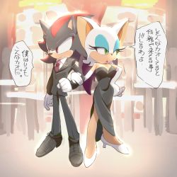 Rule 34 | 1boy, 1girl, black dress, dress, elbow gloves, formal, furry, gloves, highres, holding another&#039;s arm, long dress, necktie, omiya599, rouge the bat, shadow the hedgehog, sonic (series), suit, translation request