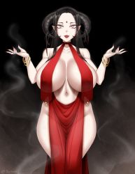 Rule 34 | 1girl, black hair, bracelet, breasts, commentary, covered erect nipples, cropped legs, curvy, demon girl, demon horns, dress, english commentary, highres, horns, huge breasts, jewelry, large breasts, lips, long hair, multiple bracelets, nail polish, navel, nipples, open clothes, open dress, open hands, original, pointy ears, red dress, red lips, red nails, revealing clothes, smoke, thighs, twrlare, white eyes