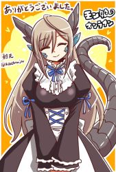 Rule 34 | 10s, 1girl, ahoge, brown hair, copyright name, cowboy shot, dragon girl, dragon horns, dragon tail, closed eyes, horns, long hair, maid, monster girl, monster musume no iru nichijou, monster musume no iru nichijou online, myuu (monster musume), pointy ears, scales, shake-o, smile, solo, tail, translation request, twitter username