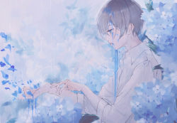 Rule 34 | 1boy, blue flower, blue theme, brown hair, collared shirt, crying, facing to the side, flower, grey eyes, long sleeves, looking down, male focus, niufog, open mouth, original, rain, shirt, short hair, solo, white shirt