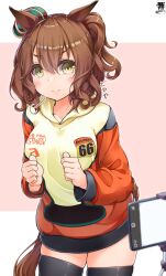Rule 34 | 1girl, absurdres, alternate costume, animal ears, aston machan (umamusume), clenched hands, collarbone, comic, commentary request, cowboy shot, crown, curly hair, doyagao, hair between eyes, hibiki (zerocodo), highres, hood, hoodie, horse ears, horse girl, horse tail, looking at viewer, mini crown, muffin top, outside border, pink background, selfie, side ponytail, signature, smug, solo, tail, thighhighs, thighs, tilted headwear, umamusume, v-shaped eyebrows, yellow eyes, yellow hoodie, zettai ryouiki