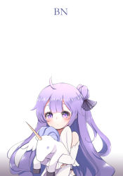 Rule 34 | 1girl, absurdres, ahoge, artist name, azur lane, bare shoulders, bbuni, black bow, blunt bangs, blush, bow, closed eyes, clothing cutout, commentary, dress, elbow gloves, gloves, gradient background, hair bun, hair ribbon, highres, long hair, looking at viewer, md5 mismatch, purple bow, purple eyes, purple hair, resolution mismatch, ribbon, side bun, side cutout, sidelocks, simple background, single side bun, solo, source smaller, stuffed animal, stuffed toy, stuffed winged unicorn, unicorn (azur lane), upper body, white background, white dress, white gloves
